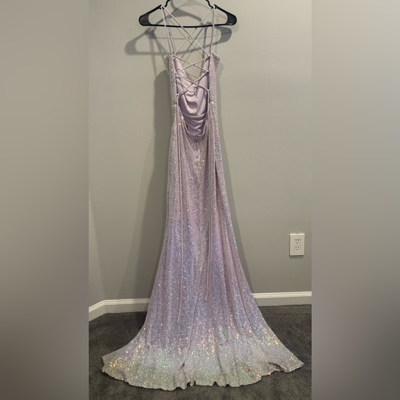 Lavender Iridescent Prom Dress with Slit and Open Criss-Cross Tie Back - Picture 2 of 5